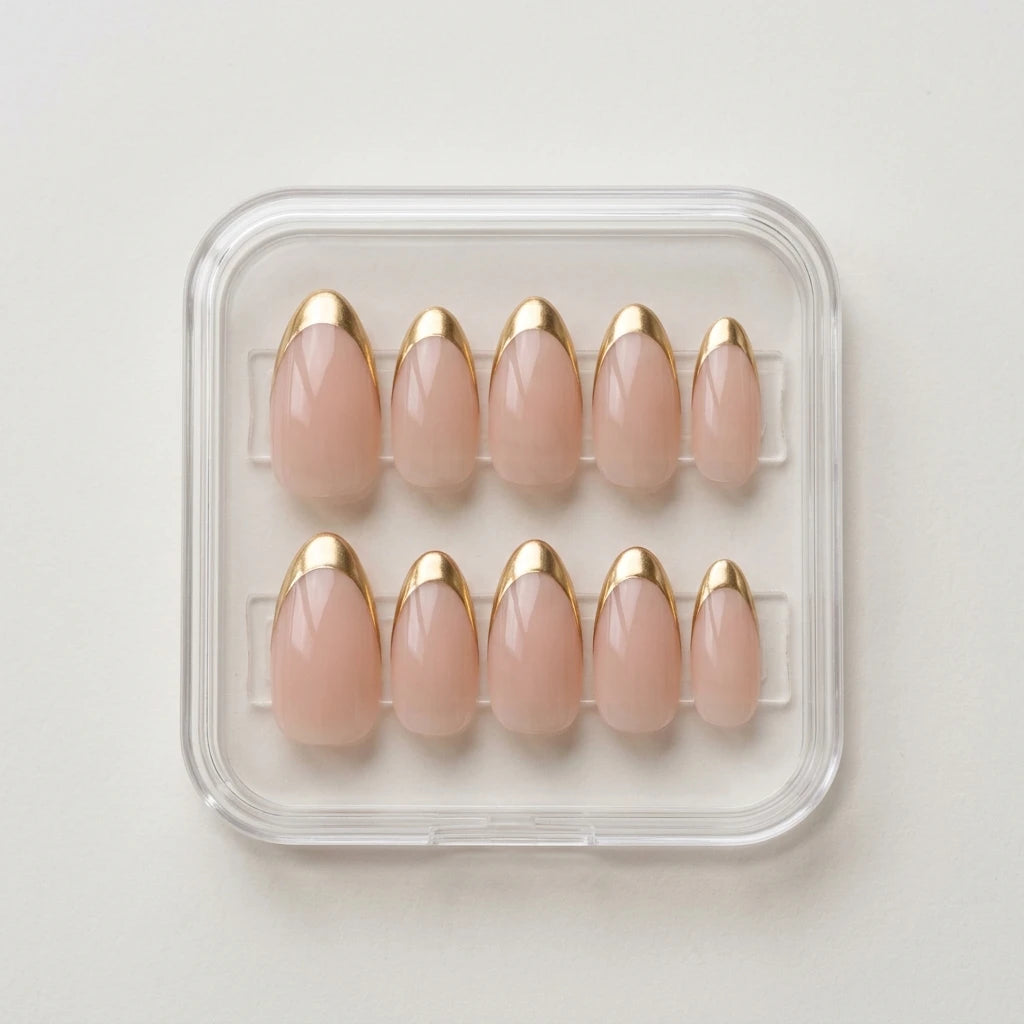 nude gold chrome french tip almond press on nails elegant mockup 02