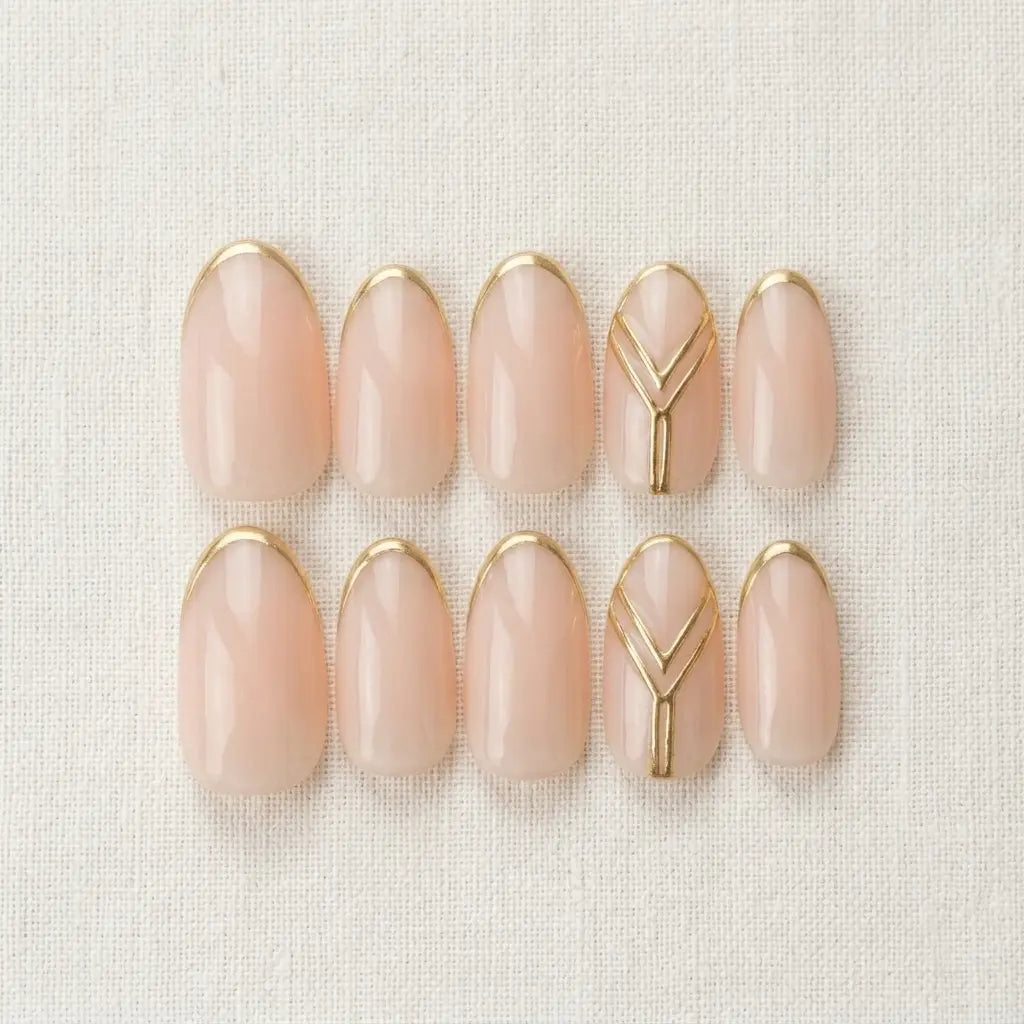 nude gold chrome french tip almond press on nails geometric line detail 01