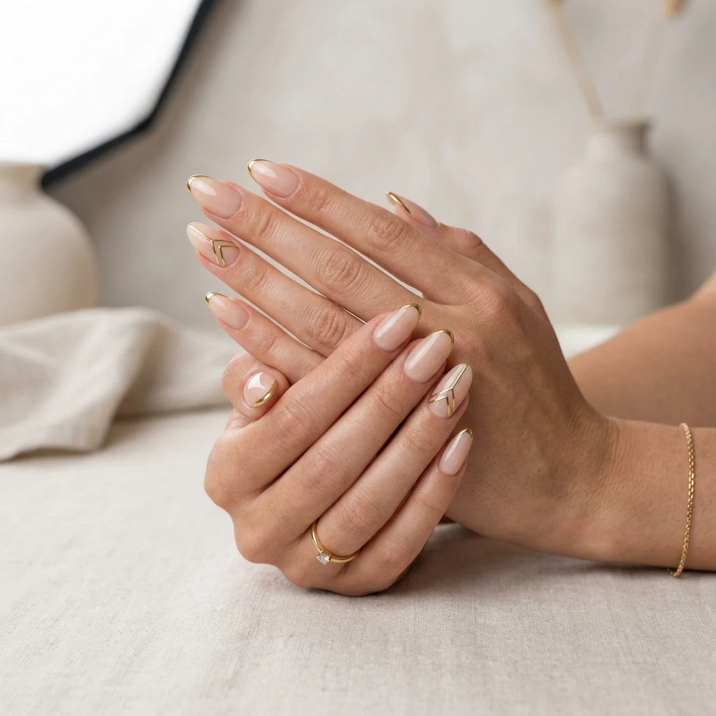 nude gold chrome french tip almond press on nails geometric line mockup 01