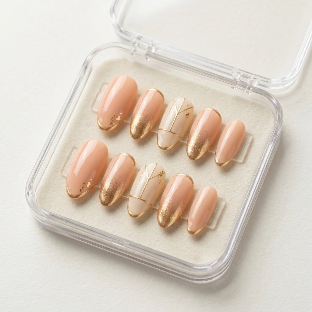 nude gold chrome french tip almond press on nails minimal stripe detail 01