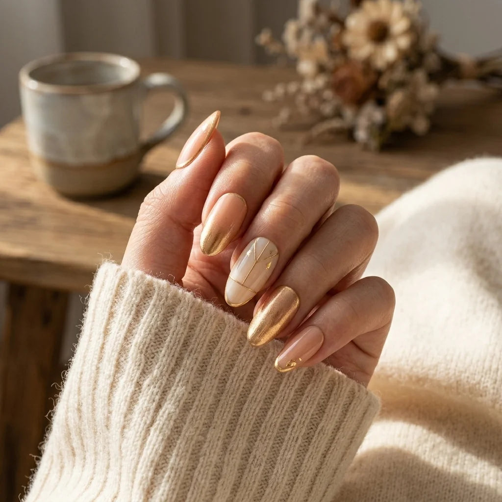 nude gold chrome french tip almond press on nails minimal stripe lifestyle 01