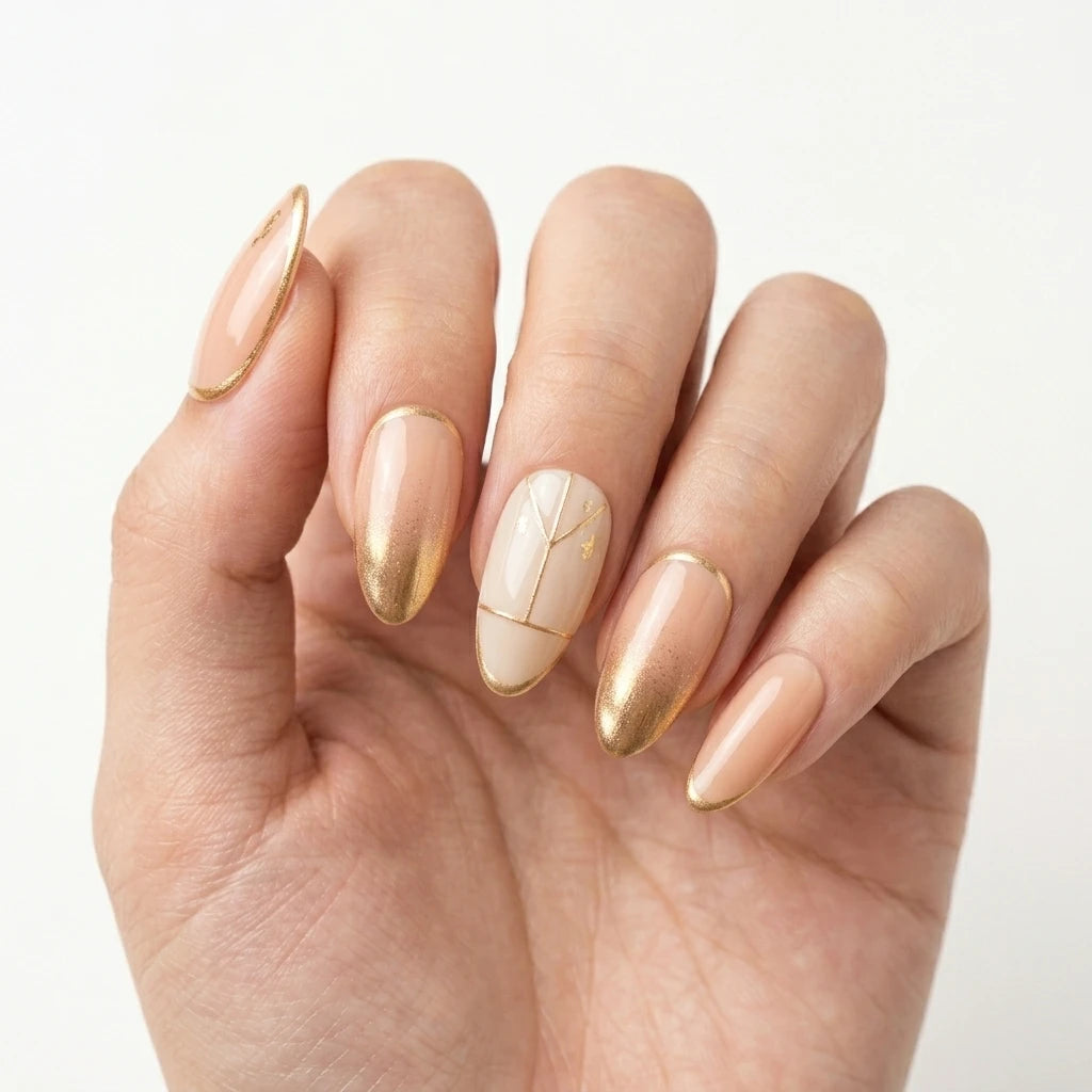 nude gold chrome french tip almond press on nails minimal stripe mockup 01