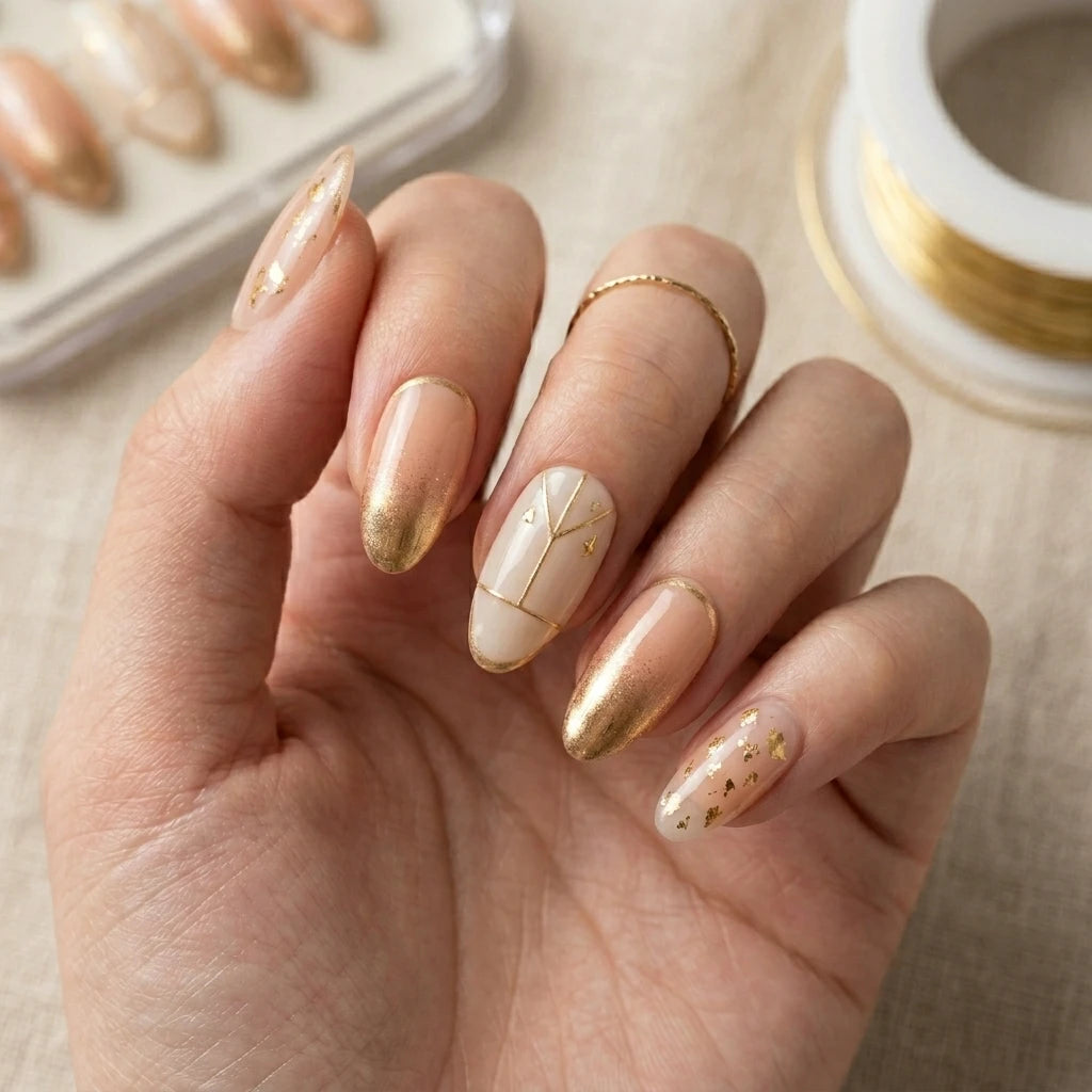 nude gold chrome french tip almond press on nails minimal stripe mockup 02