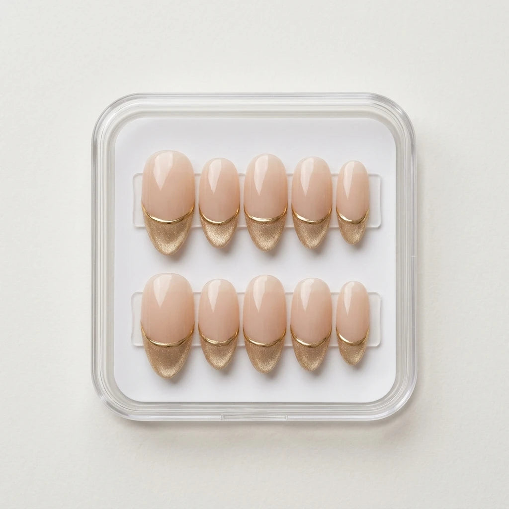 nude gold chrome french tip almond press on nails shimmer detail 01