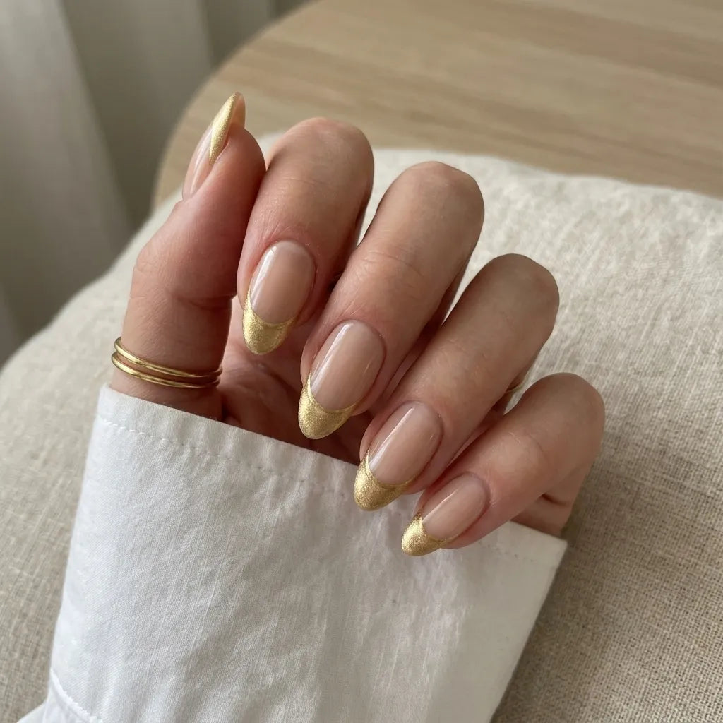 nude gold chrome french tip almond press on nails shimmer lifestyle 01