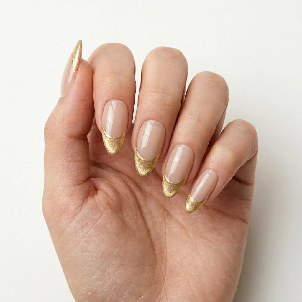 nude gold chrome french tip almond press on nails shimmer mockup 01