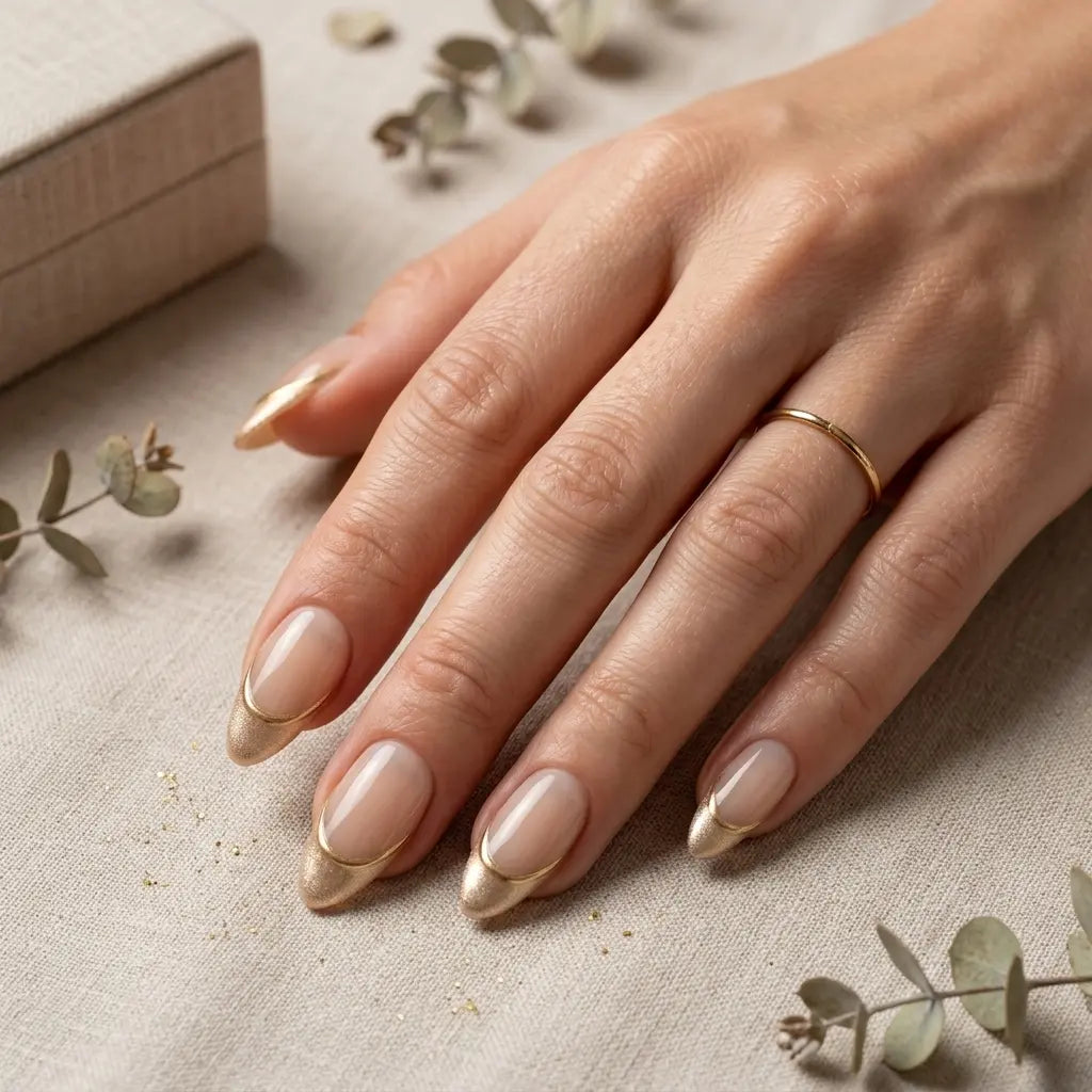 nude gold chrome french tip almond press on nails detail 01