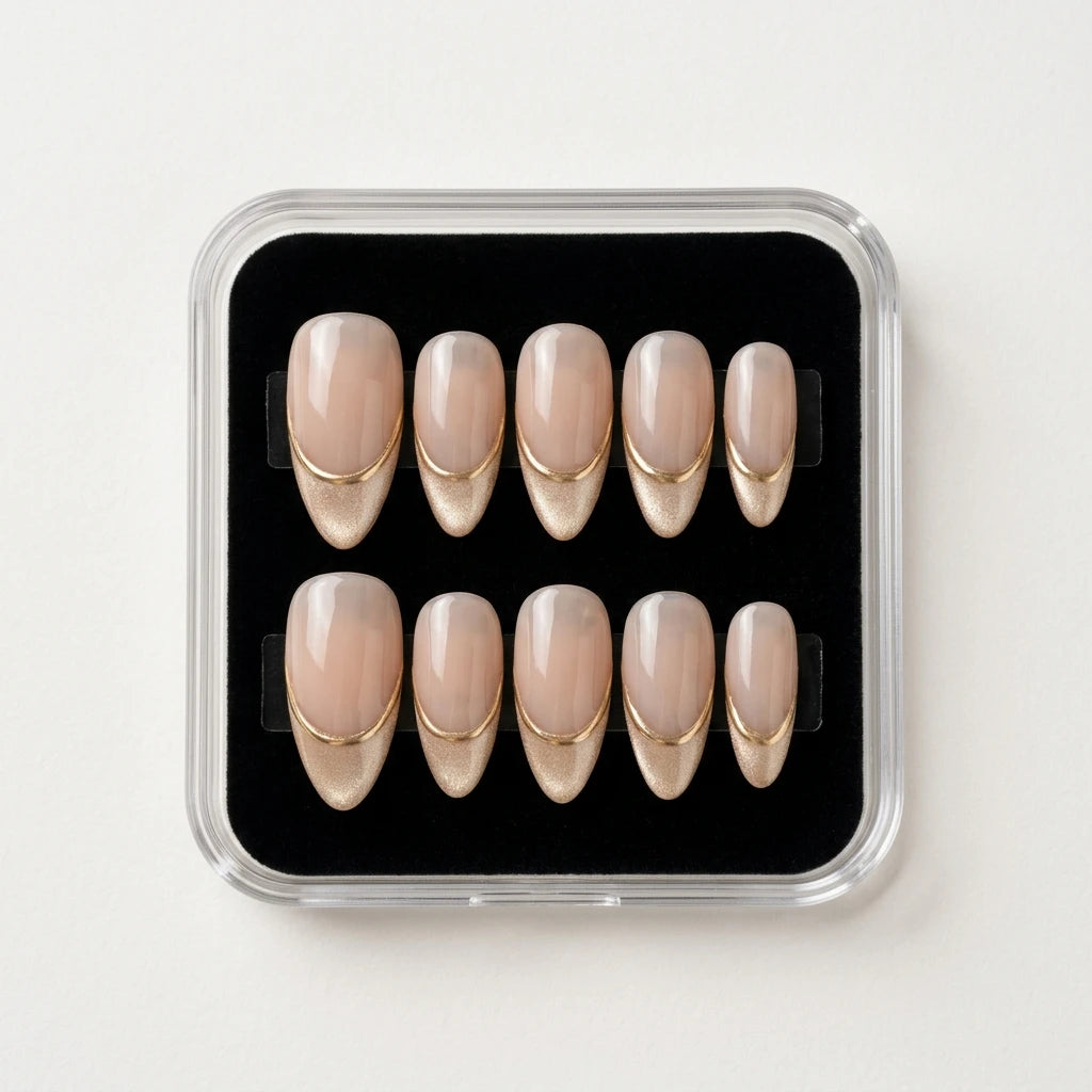 nude gold chrome french tip almond press on nails flat lay 01