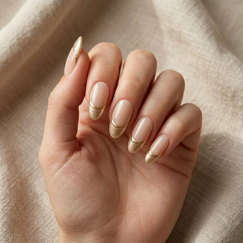 nude gold chrome french tip almond press on nails lifestyle 01