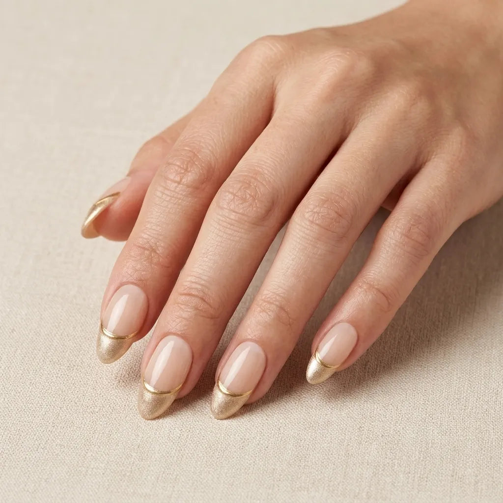nude gold chrome french tip almond press on nails mockup 01