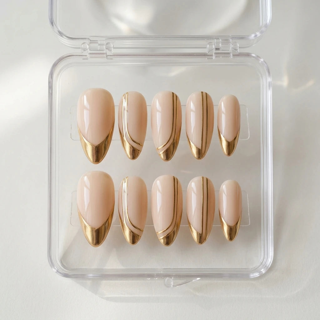 nude gold chrome line almond press on nails swirl detail 01