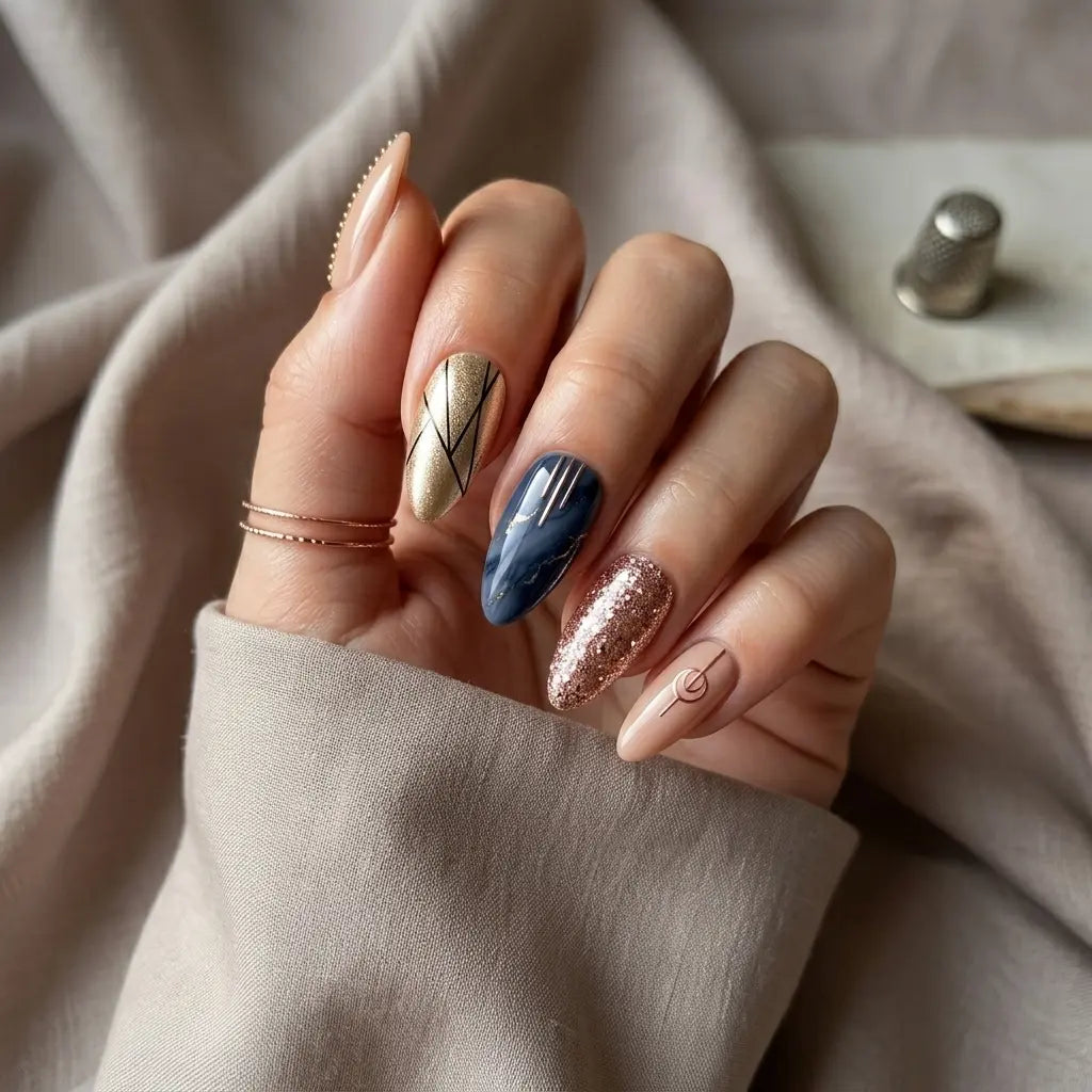 nude gold grey marble almond press on nails geometric line glitter detail 01