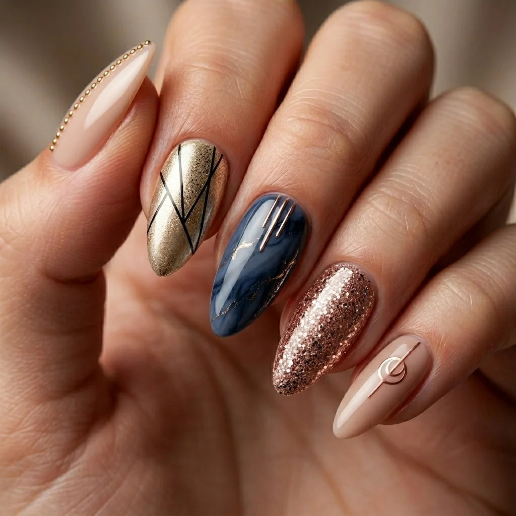 nude gold grey marble almond press on nails geometric line glitter lifestyle 01