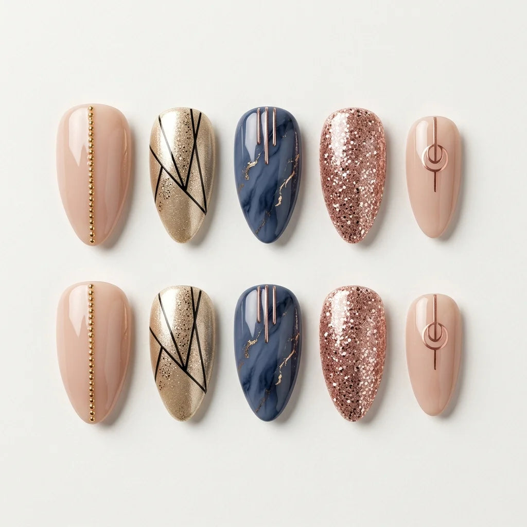 nude gold grey marble almond press on nails geometric line glitter mockup 01