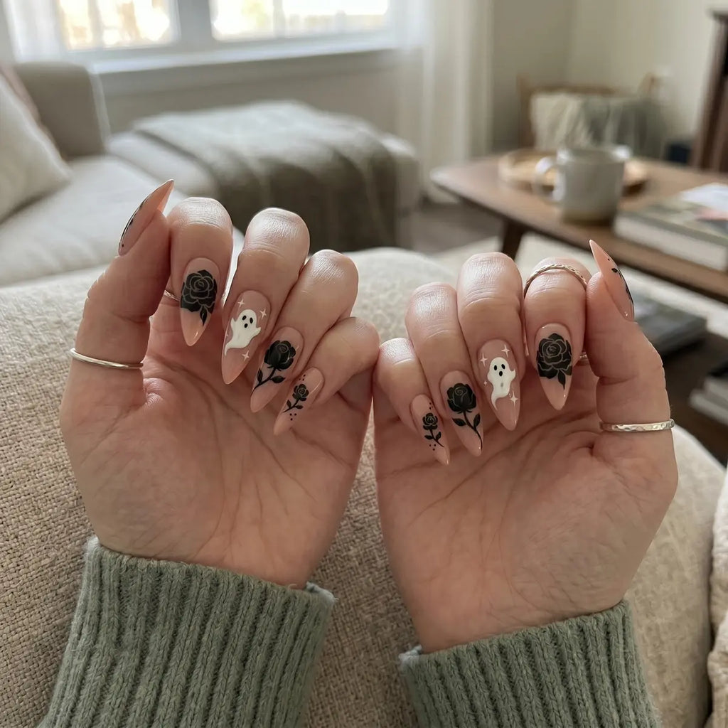 nude halloween 3d almond press on nails black rose ghost detail 03