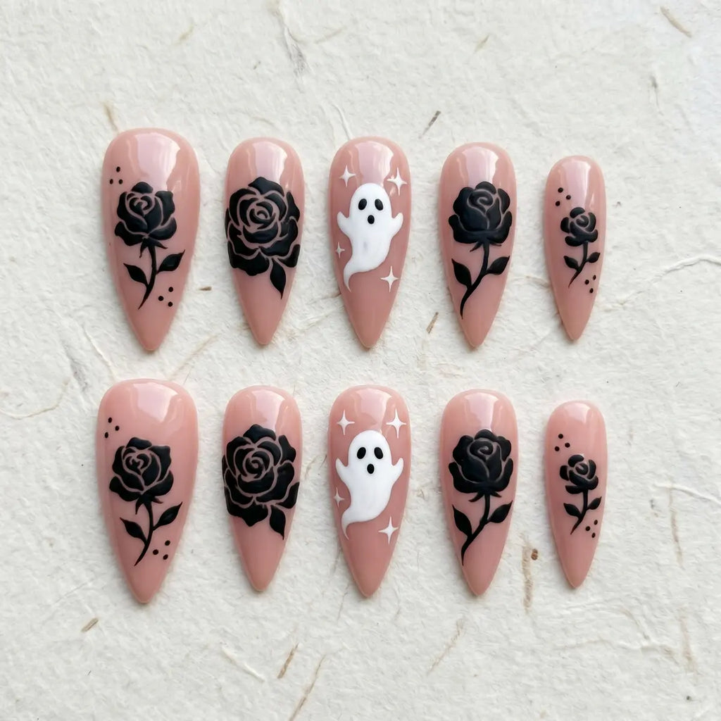 nude halloween 3d almond press on nails black rose ghost mockup 01