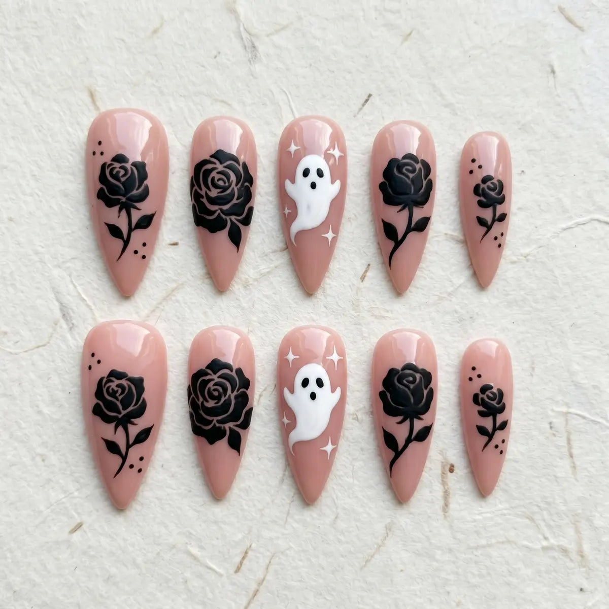 nude halloween 3d almond press on nails black rose ghost mockup 01