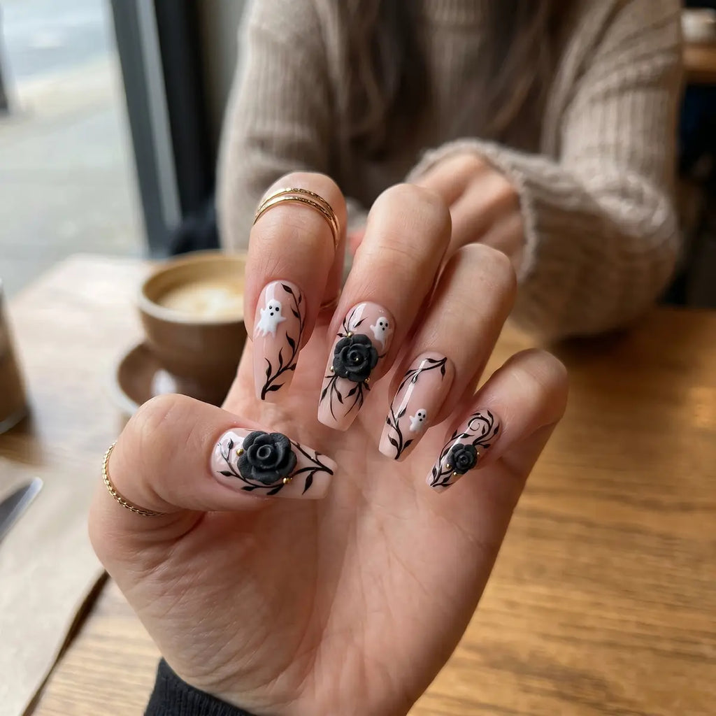 nude halloween 3d coffin long press on nails black rose ghost detail 03
