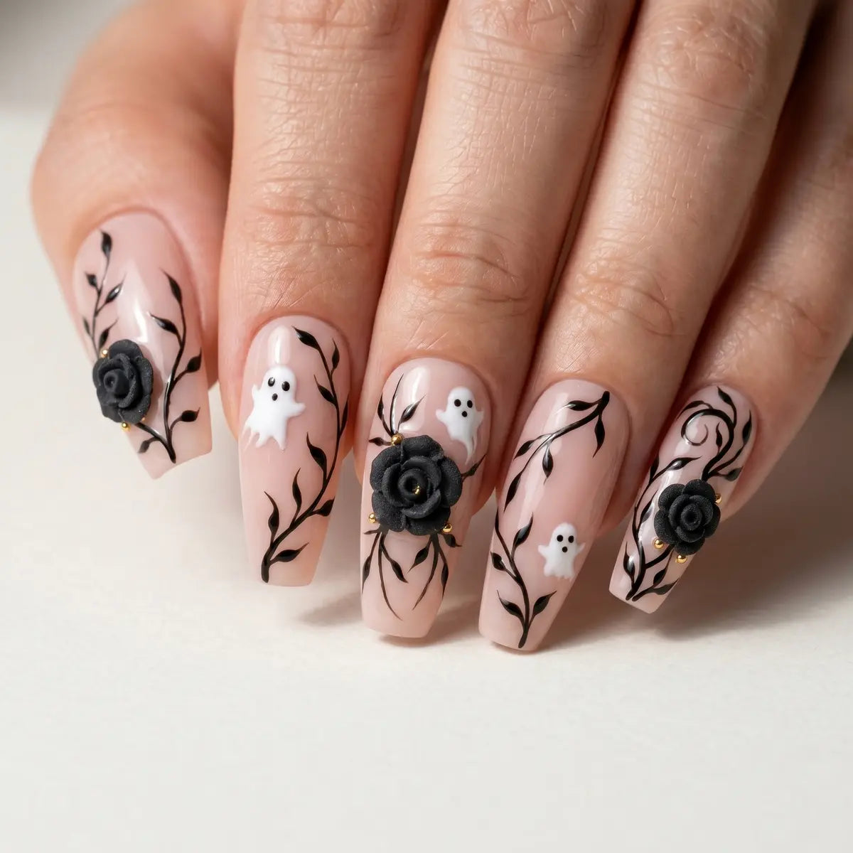 nude halloween 3d coffin long press on nails black rose ghost lifestyle 02