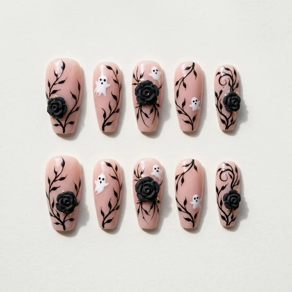 nude halloween 3d coffin long press on nails black rose ghost mockup 01