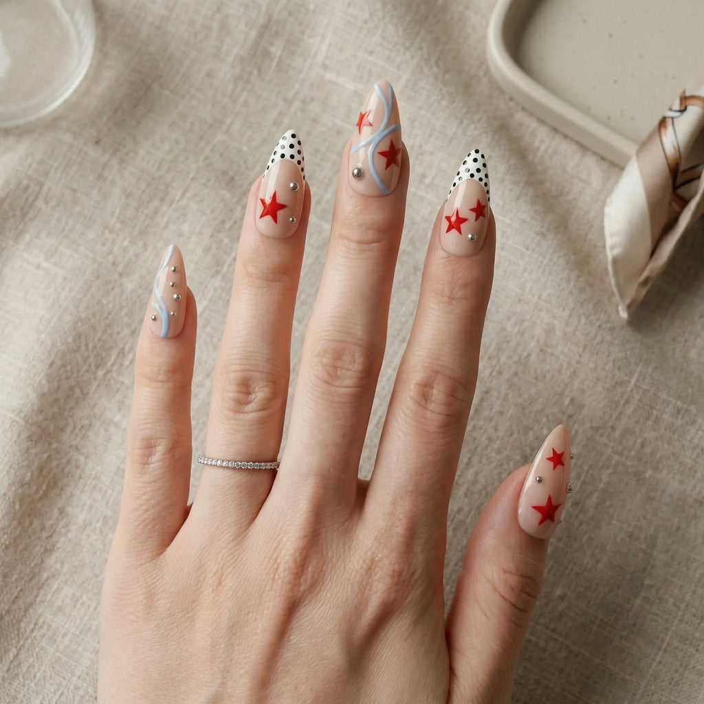nude hand painted 4th of july stiletto medium press on nails star wave mockup 01
