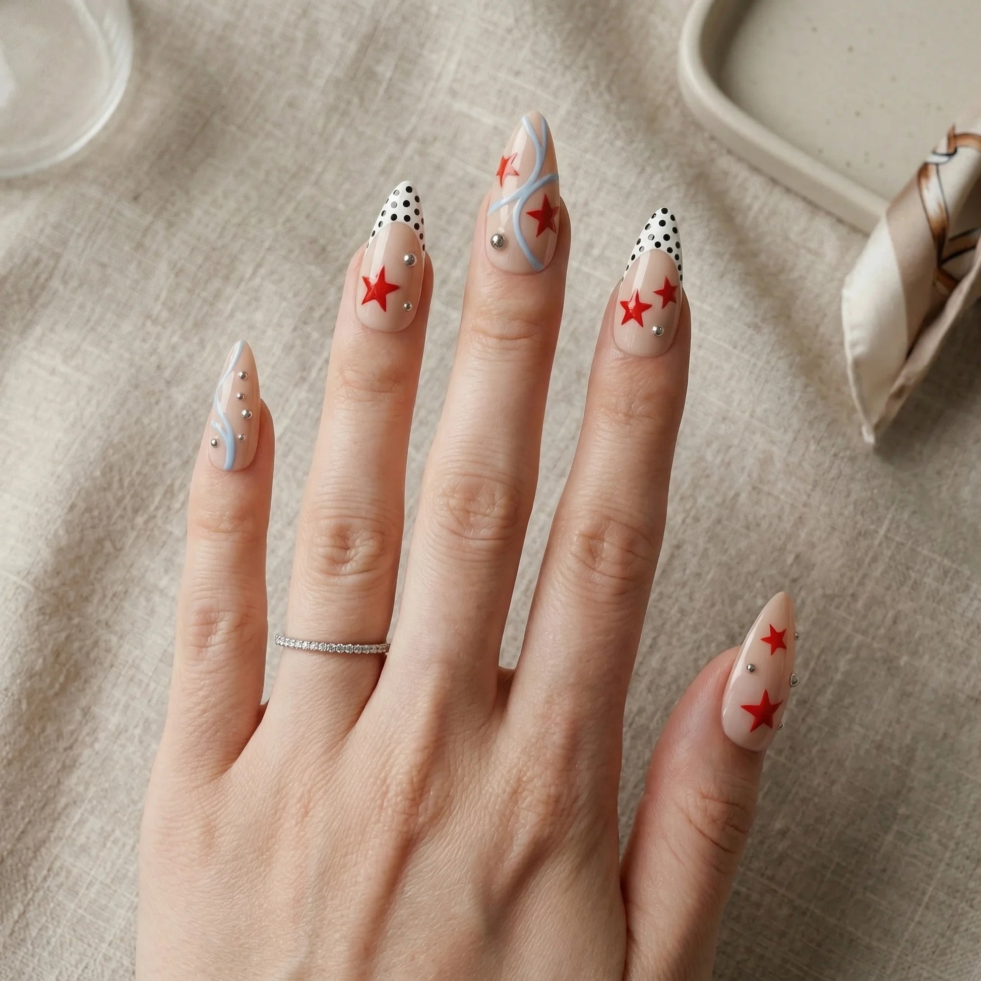 nude hand painted 4th of july stiletto medium press on nails star wave mockup 01