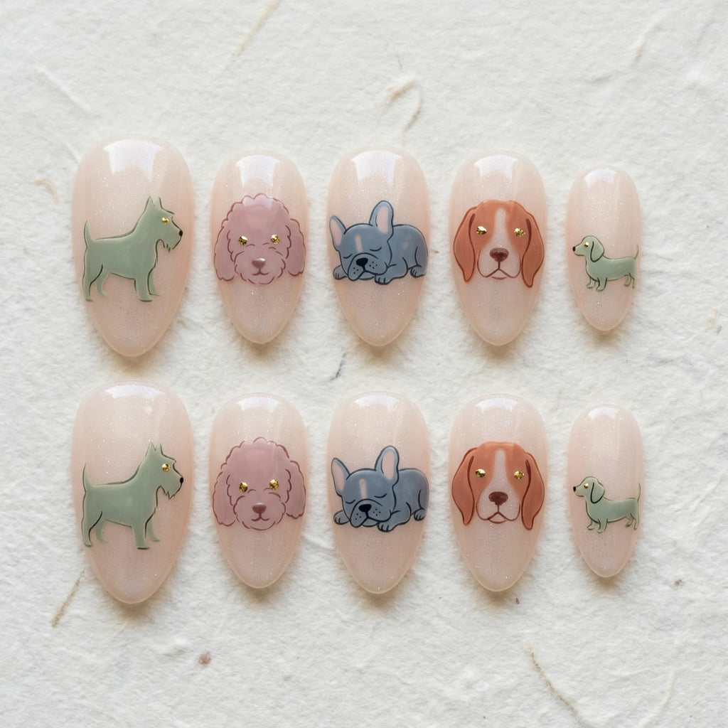 nude hand painted almond medium press on nails dog breed mix flat lay 01