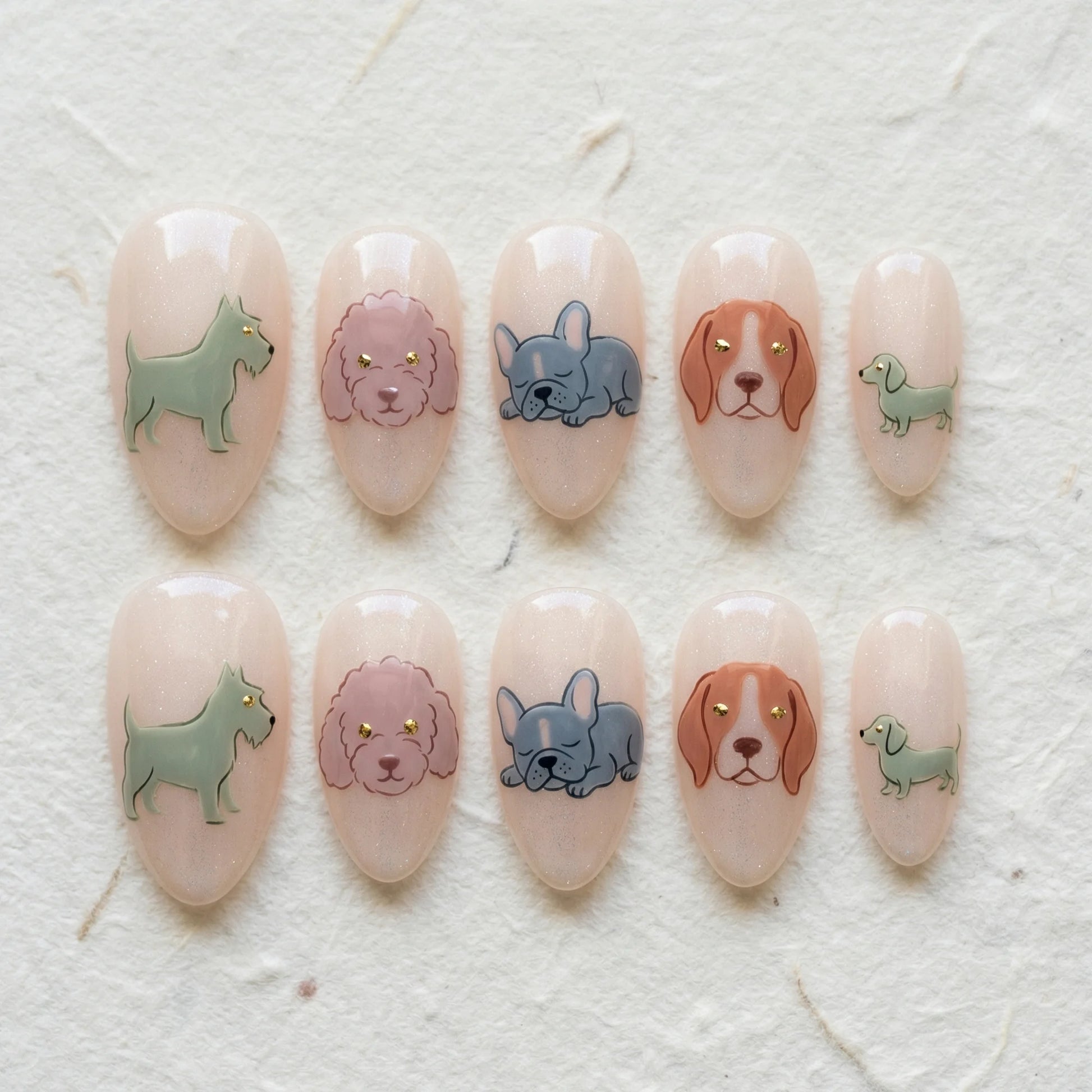 nude hand painted almond medium press on nails dog breed mix flat lay 01