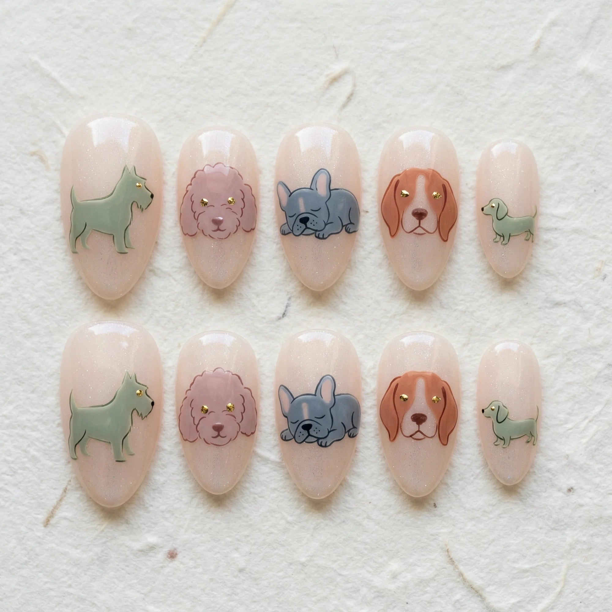 nude hand painted almond medium press on nails dog breed mix flat lay 01