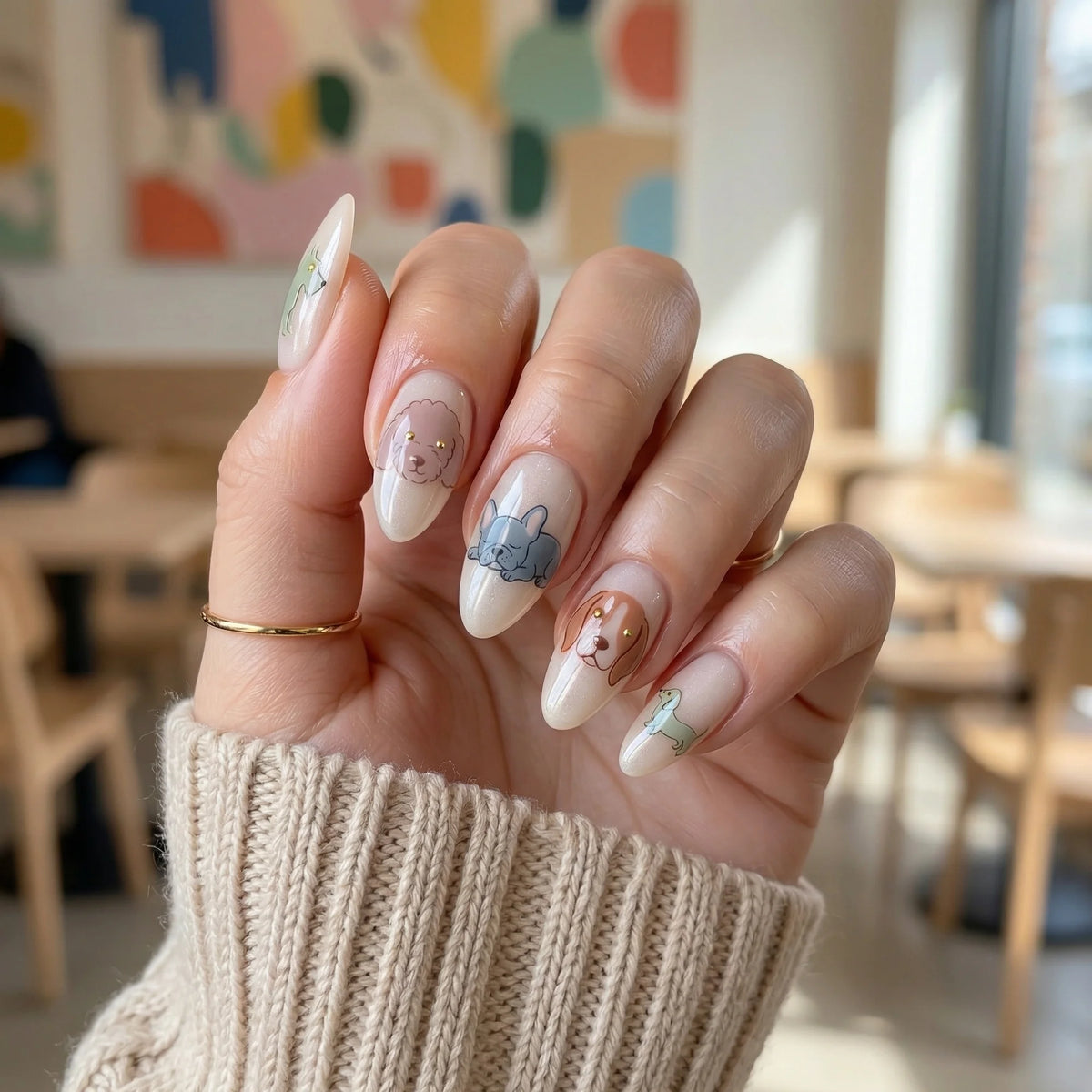 nude hand painted almond medium press on nails dog breed mix lifestyle 02