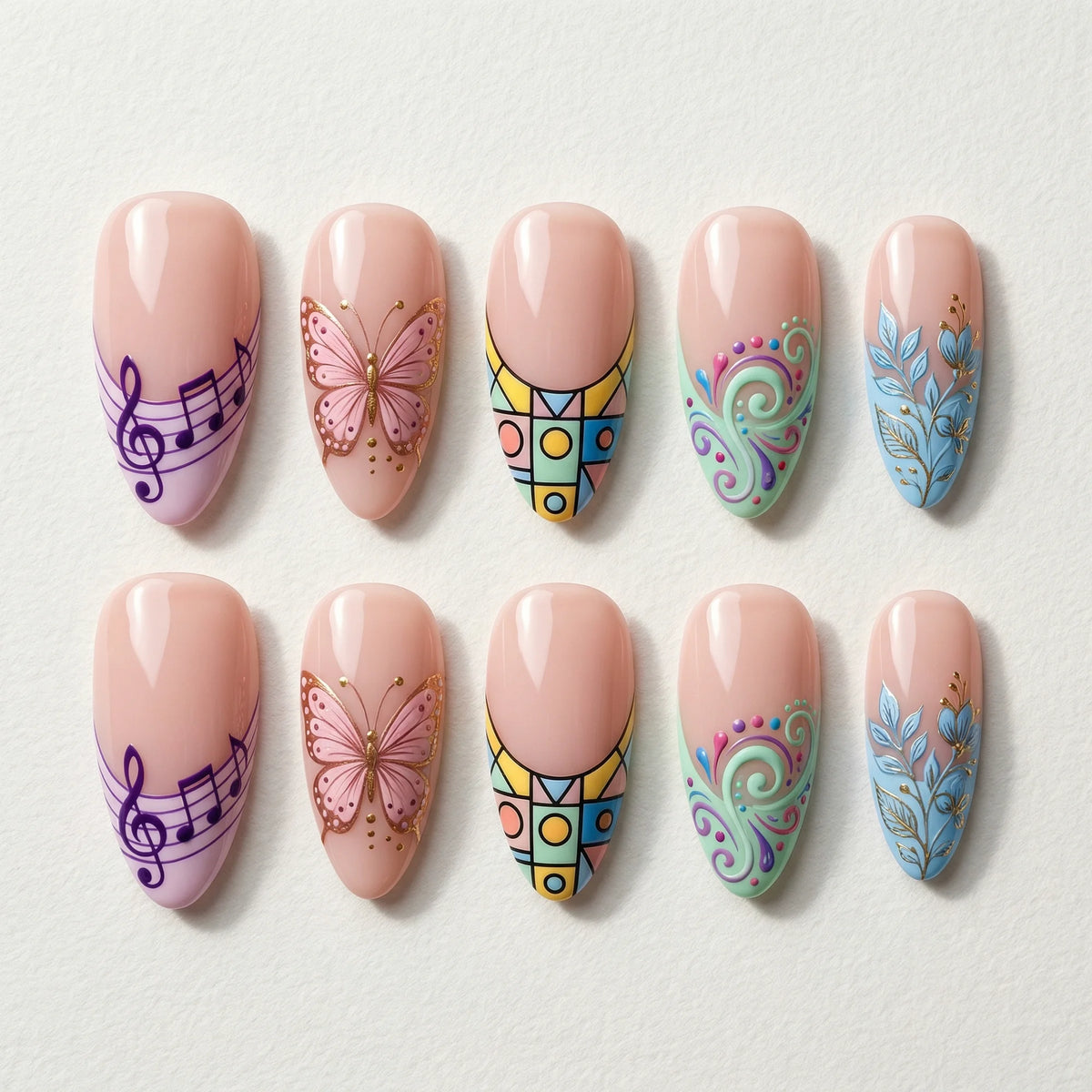 nude hand painted almond medium press on nails music butterfly mix flat lay 01