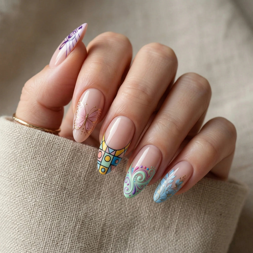 nude hand painted almond medium press on nails music butterfly mix lifestyle 02