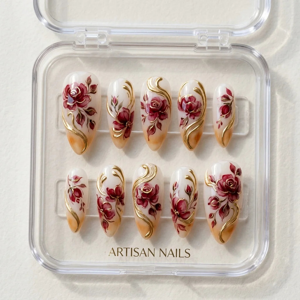 nude hand painted almond medium press on nails red rose gold box 02