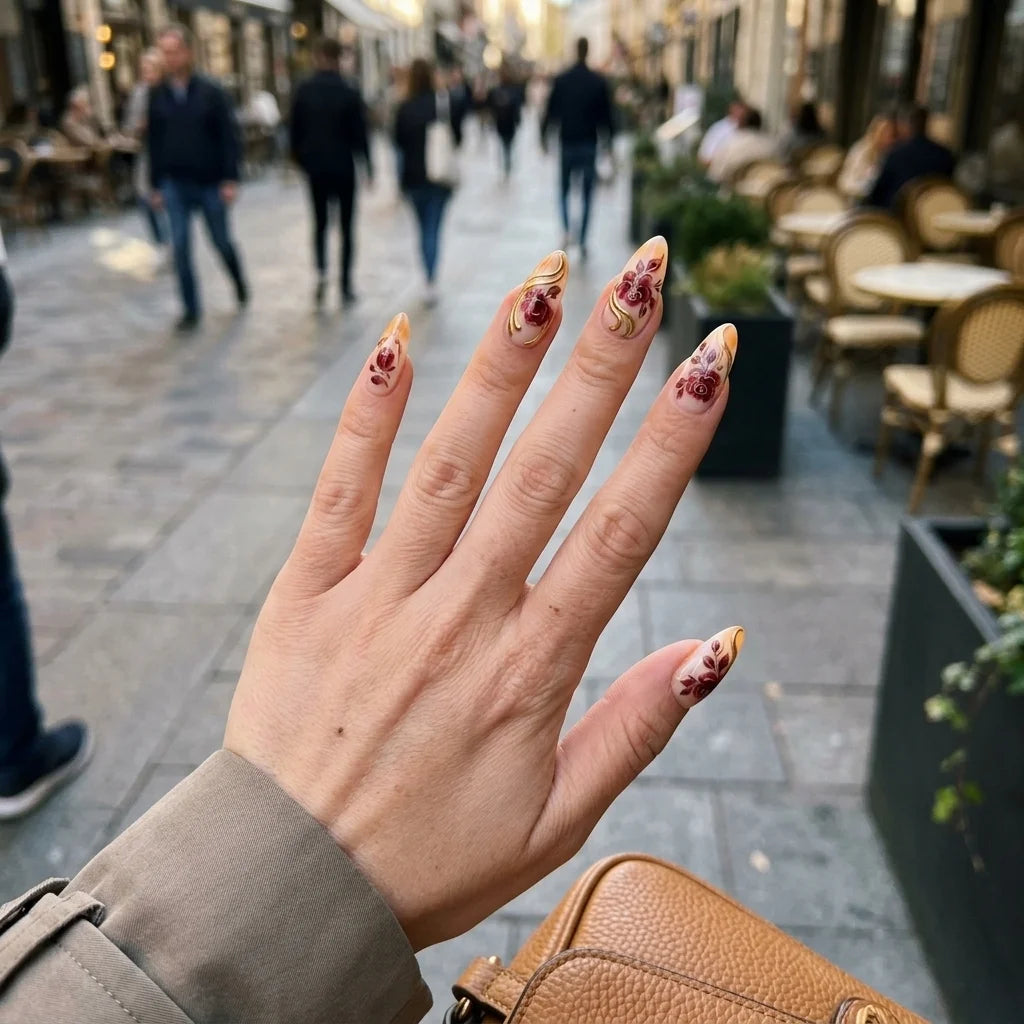 nude hand painted almond medium press on nails red rose gold lifestyle 03