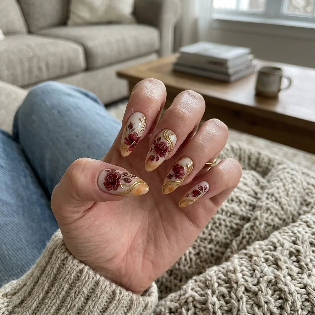 nude hand painted almond medium press on nails red rose gold mockup 01