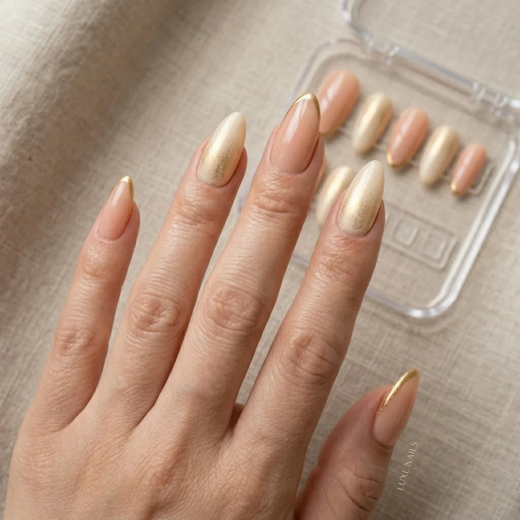 nude ivory gold chrome french tip almond press on nails glitter detail 01
