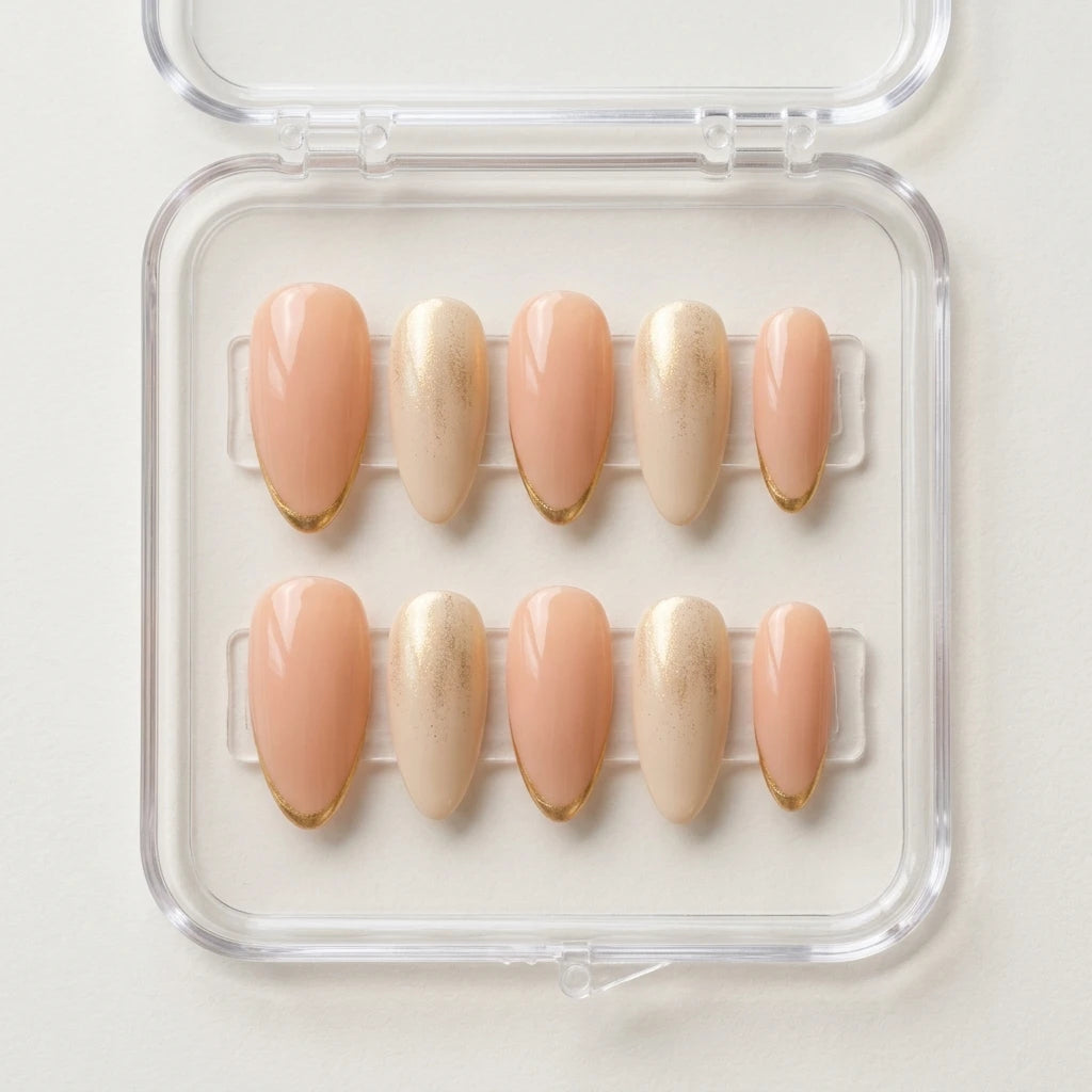 nude ivory gold chrome french tip almond press on nails glitter detail 02