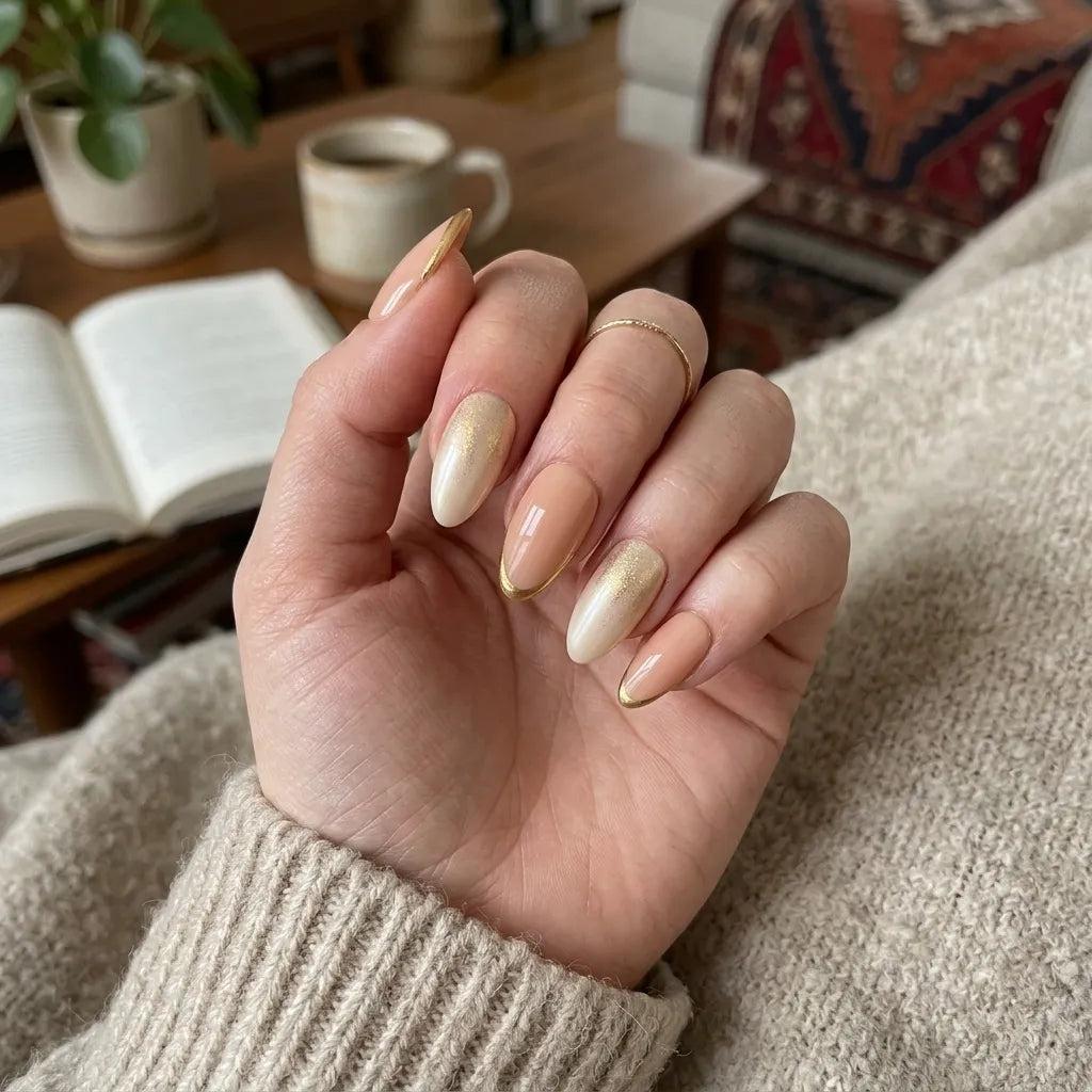 nude ivory gold chrome french tip almond press on nails glitter lifestyle 01