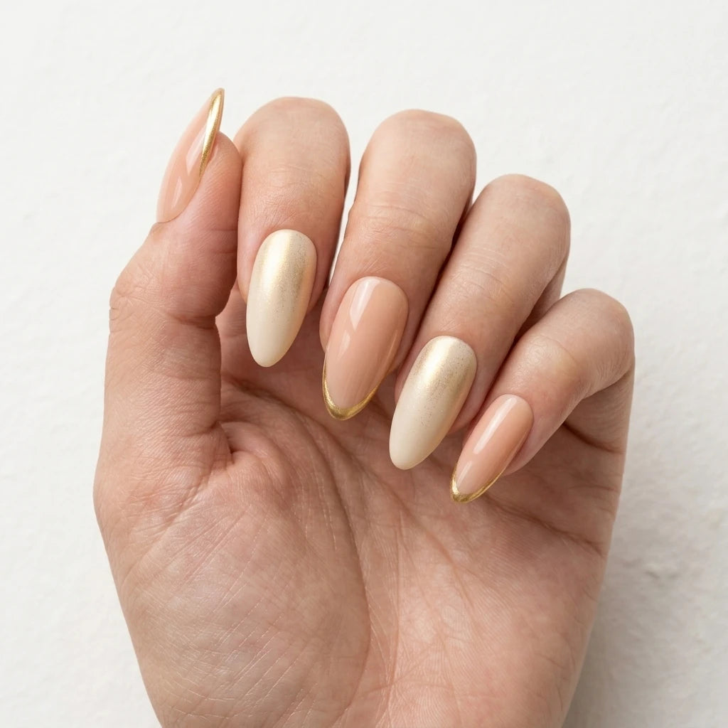nude ivory gold chrome french tip almond press on nails glitter mockup 01