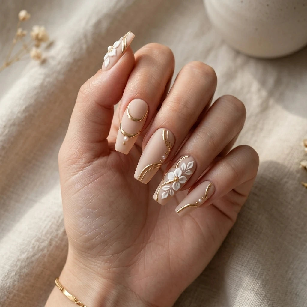 nude matte 3d coffin press on nails gold chrome swirl flower mockup 01
