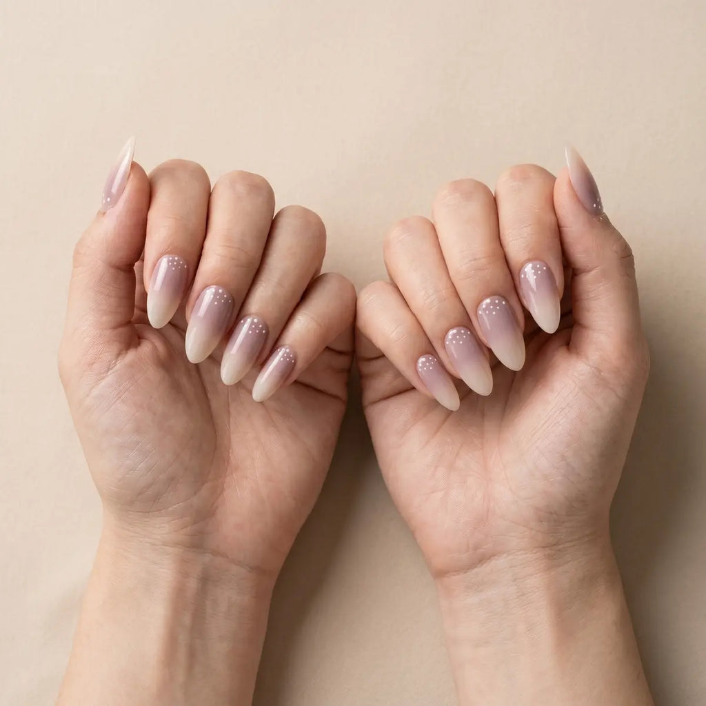 nude mauve ombre almond press on nails silver dot flat lay 04