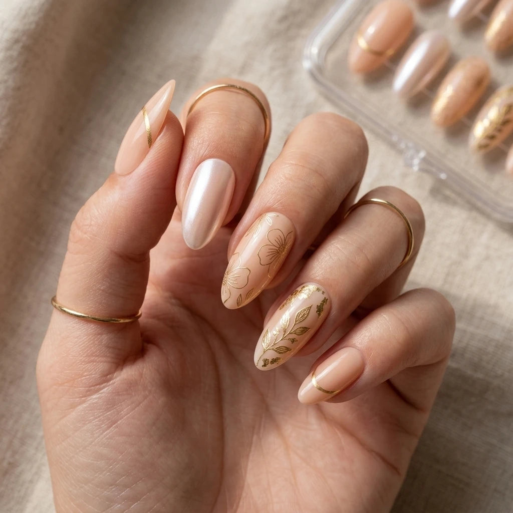 nude pearl almond press on nails gold foil floral detail 01