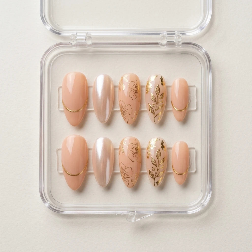 nude pearl almond press on nails gold foil floral detail 02
