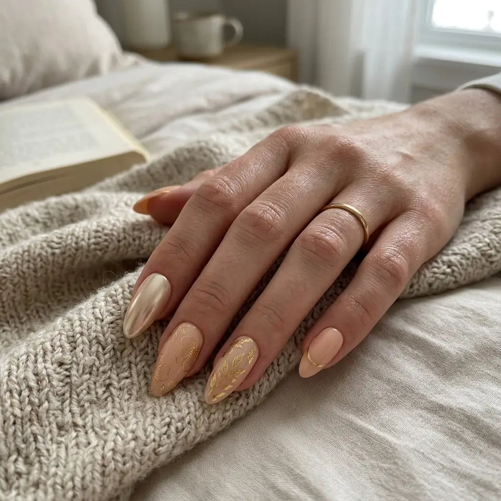 nude pearl almond press on nails gold foil floral lifestyle 01
