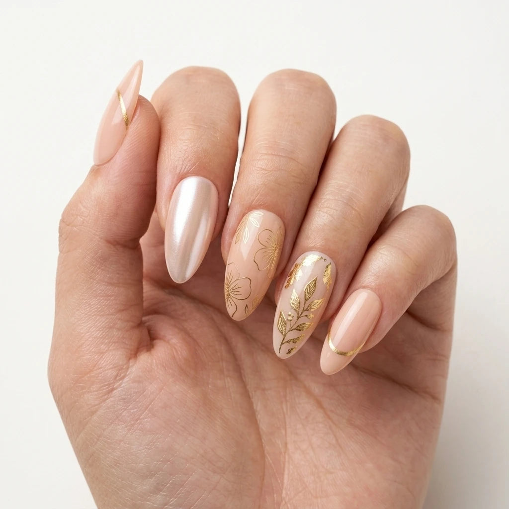 nude pearl almond press on nails gold foil floral mockup 01