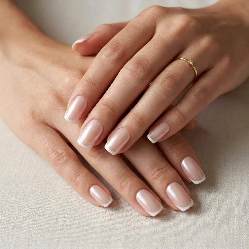 nude pearl white french tip square press on nails detail 01