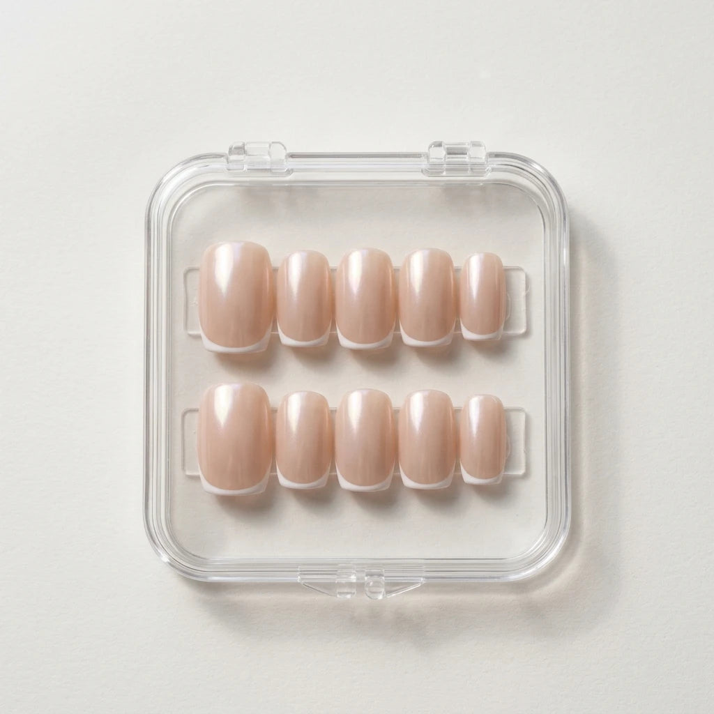 nude pearl white french tip square press on nails flat lay 01