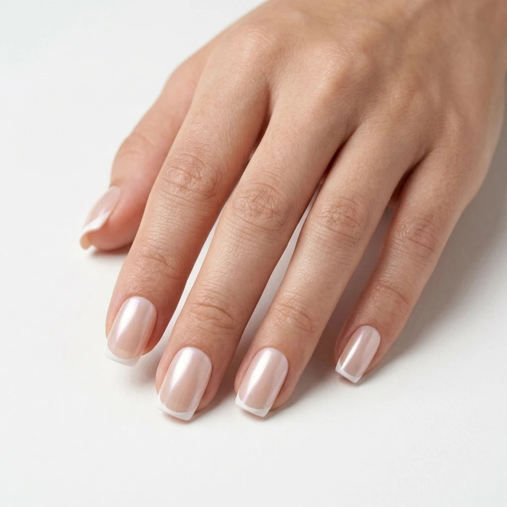 nude pearl white french tip square press on nails mockup 01