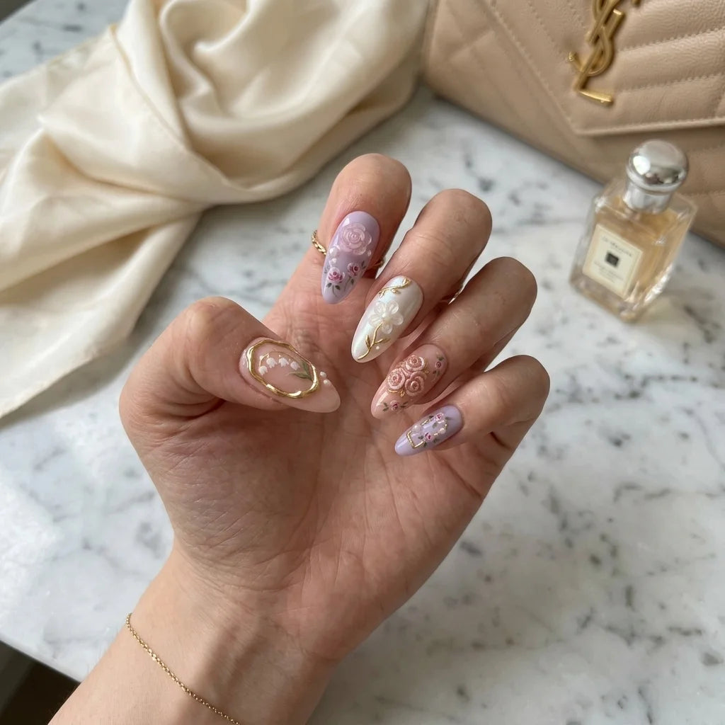nude pink 3d almond medium press on nails rose lily detail 01