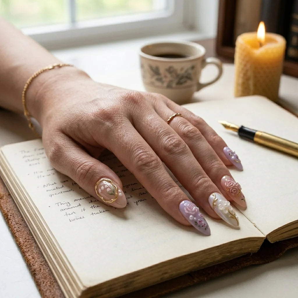 nude pink 3d almond medium press on nails rose lily flat lay 01